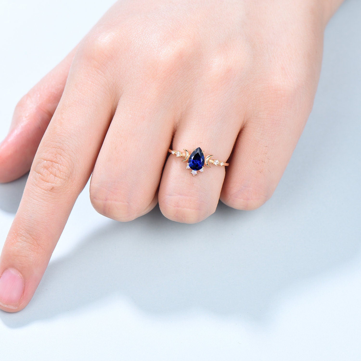 Vintage Sapphire Ring For Women Pear Shaped Moon Engagement Ring Unique Crescent moon opal wedding ring celestial anniversary Christmas Gift - PENFINE