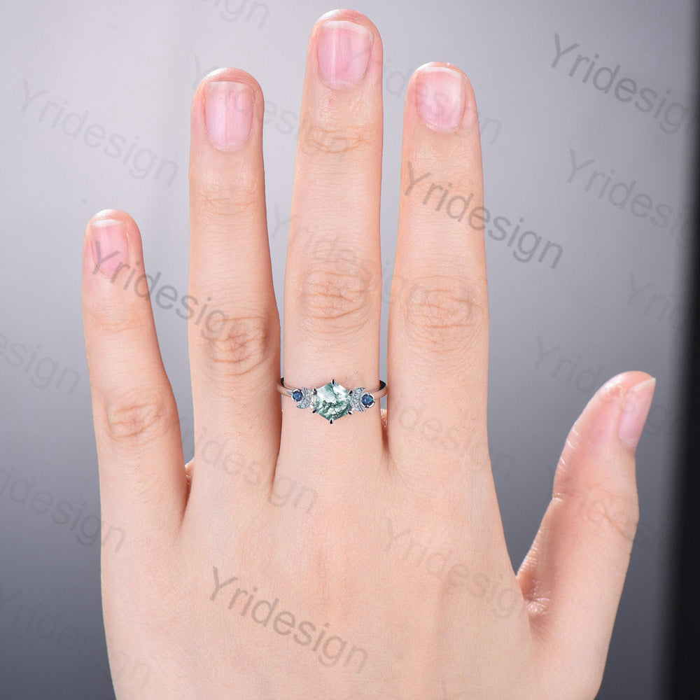 Unique hexagon moss agate engagement ring Magic celestial moon alexandrite wedding ring vintage crescent anniversary ring gift for women - PENFINE