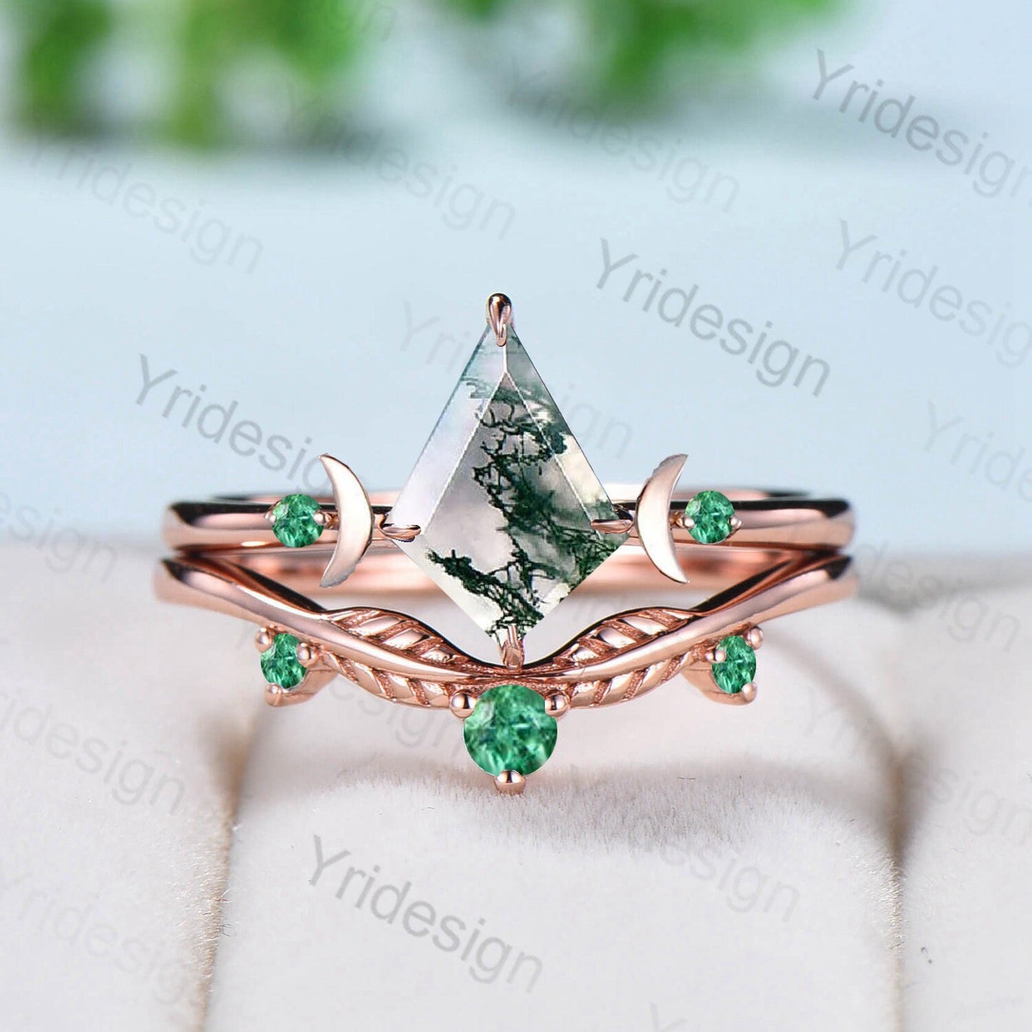 Vintage kite shaped moss agate engagement ring set rose gold Unique moon wedding ring for women band green crystal emerald promise ring - PENFINE
