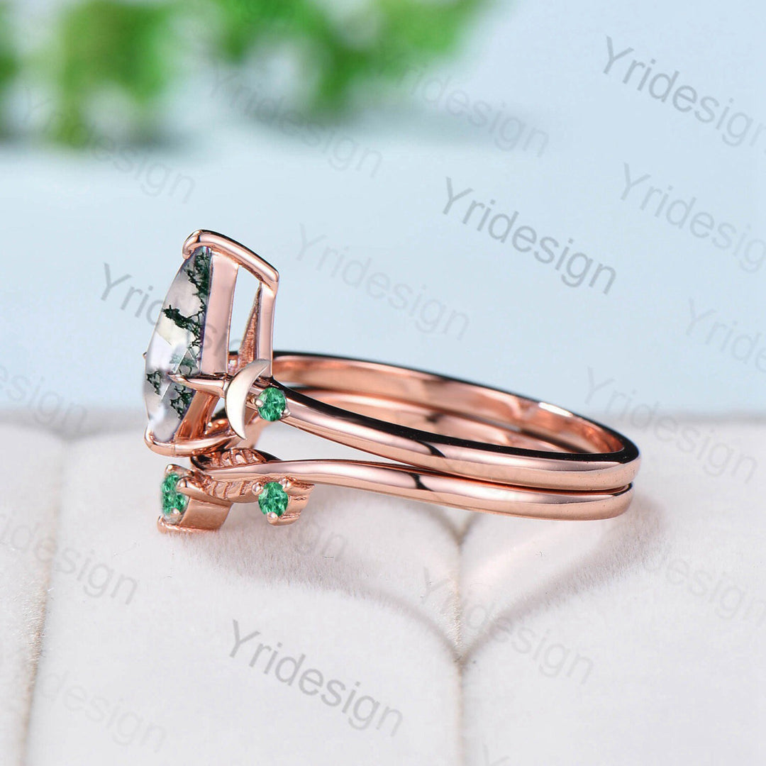 Vintage kite shaped moss agate engagement ring set rose gold Unique moon wedding ring for women band green crystal emerald promise ring - PENFINE