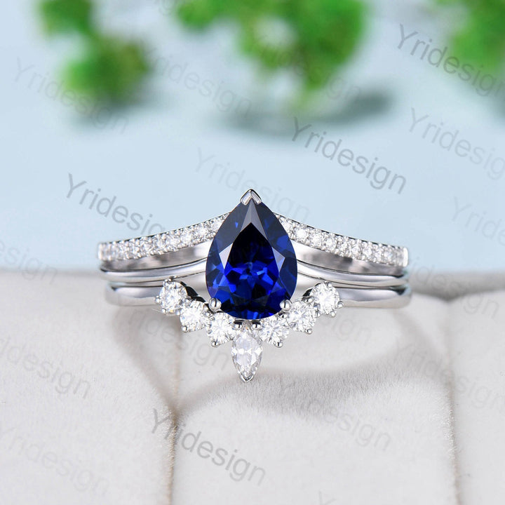 Vintage Sapphire Wedding Set Pear Shaped Sapphire Engagement Ring crown moissanite wedding band antique classic anniversary promise ring - PENFINE