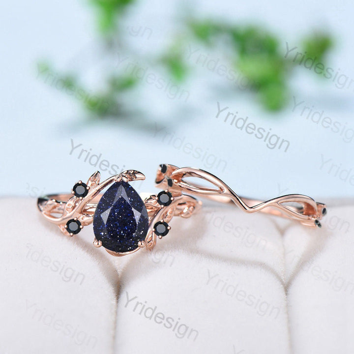 Nature Inspired Blue Goldstone Engagement Ring Set Cluster Spinel Sandstone Wedding Ring Set Leaves Branch Personalized Black Gemstone Ring - PENFINE