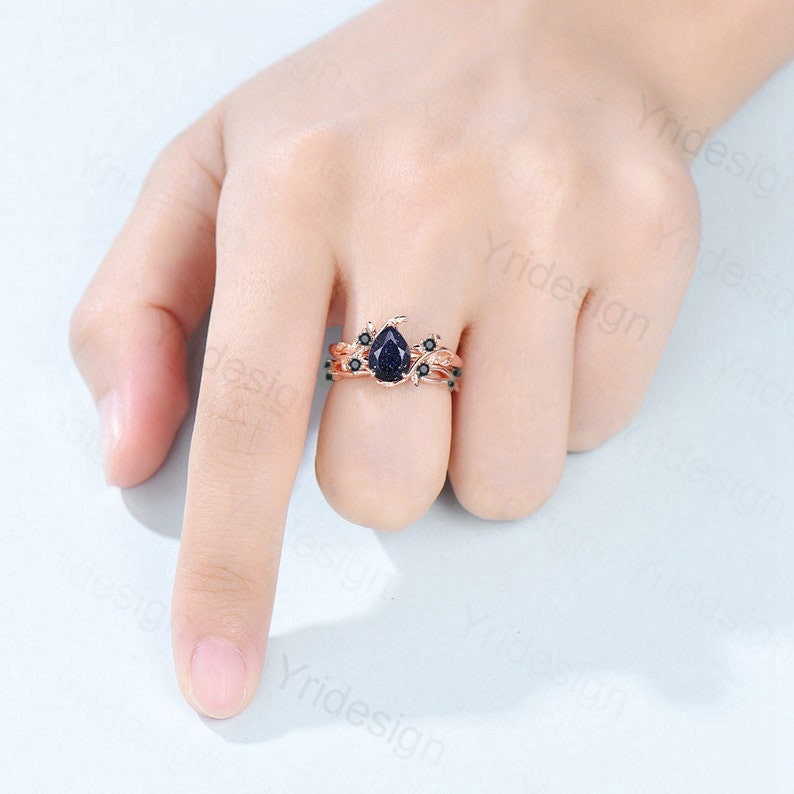 Nature Inspired Blue Goldstone Engagement Ring Set Cluster Spinel Sandstone Wedding Ring Set Leaves Branch Personalized Black Gemstone Ring - PENFINE