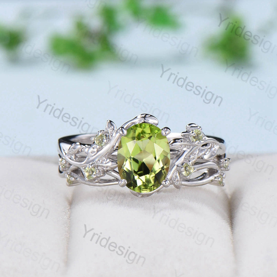 Vintage peridot wedding ring set Leaf twig engagement ring set Art deco Natural Inspired white gold bridal set for women Branch promise ring - PENFINE