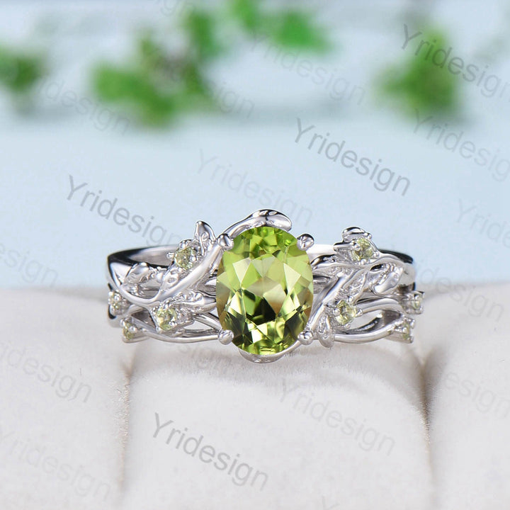Vintage peridot wedding ring set Leaf twig engagement ring set Art deco Natural Inspired white gold bridal set for women Branch promise ring - PENFINE
