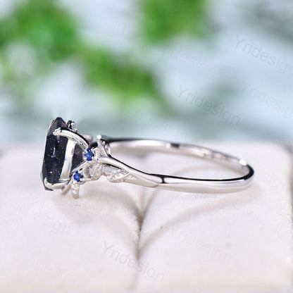 1.5CT Oval Star Blue Sandstone Ring Galaxy Blue Crystal Cluster Sapphire Engagement Ring Leaf Nature Inspired Platinum Wedding Ring Women - PENFINE