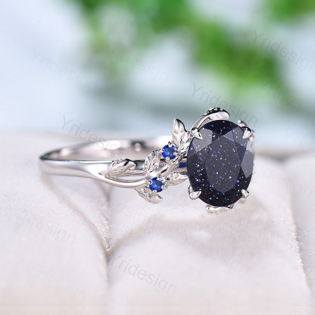 1.5CT Oval Star Blue Sandstone Ring Galaxy Blue Crystal Cluster Sapphire Engagement Ring Leaf Nature Inspired Platinum Wedding Ring Women - PENFINE