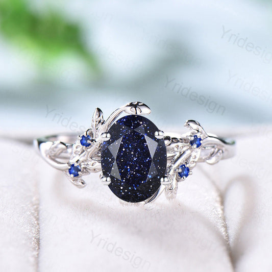 1.5CT Oval Star Blue Sandstone Ring Galaxy Blue Crystal Cluster Sapphire Engagement Ring Leaf Nature Inspired Platinum Wedding Ring Women - PENFINE