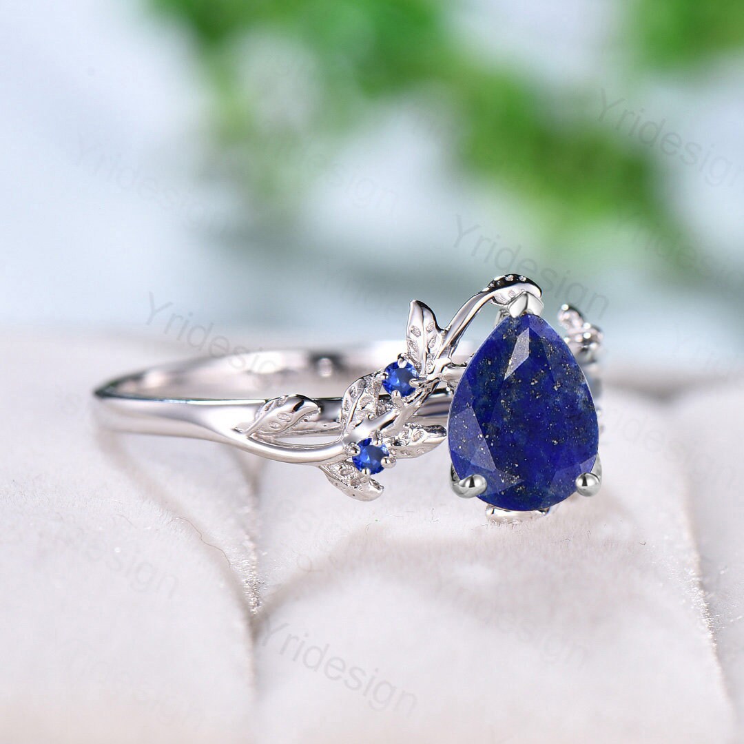 Elegant Pear Shaped Lapis Lazuli Ring Vintage Unique Twig Engagement Ring Leaf Cluster Sapphire Wedding Ring Women Blue Gemstone Branch Ring - PENFINE