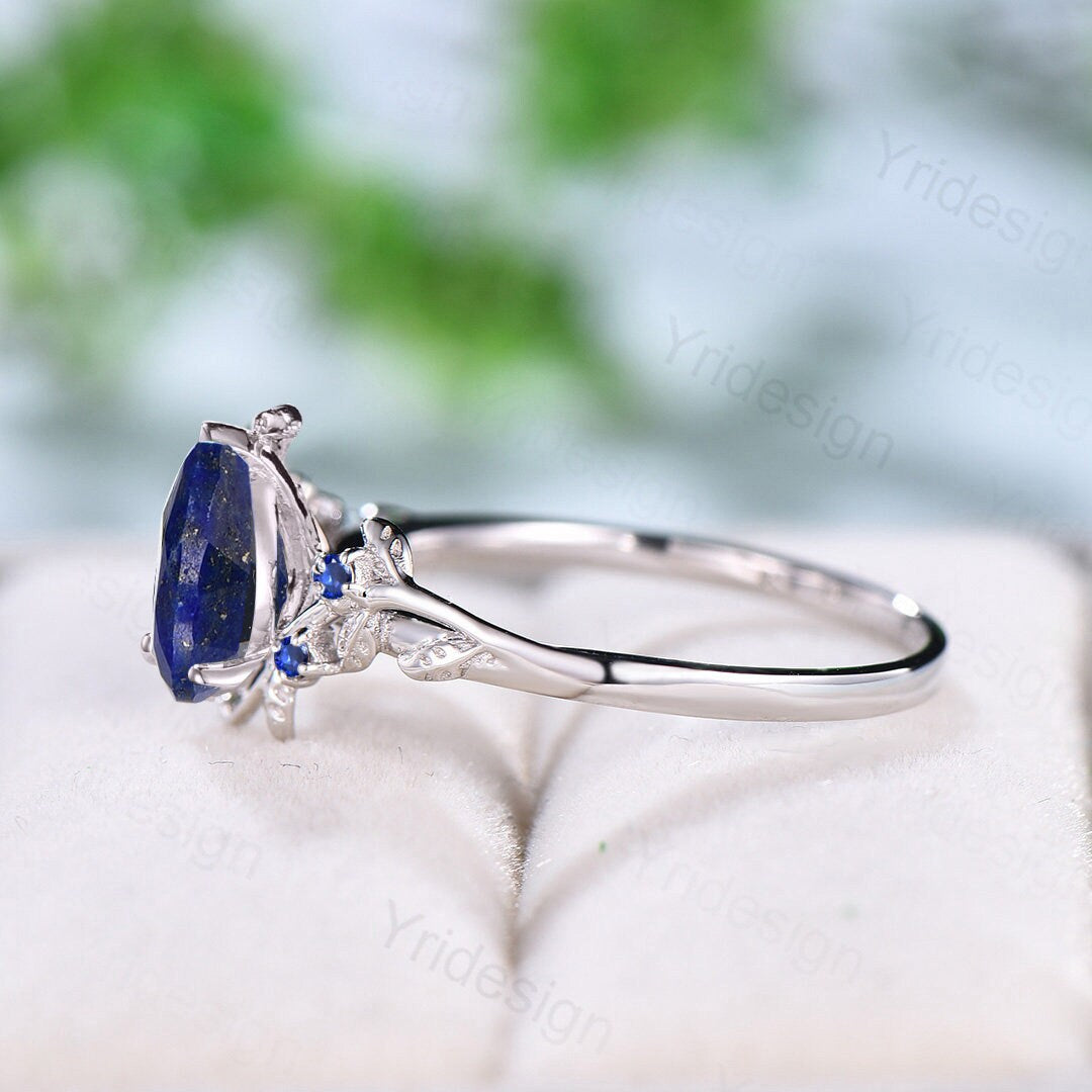 Elegant Pear Shaped Lapis Lazuli Ring Vintage Unique Twig Engagement Ring Leaf Cluster Sapphire Wedding Ring Women Blue Gemstone Branch Ring - PENFINE