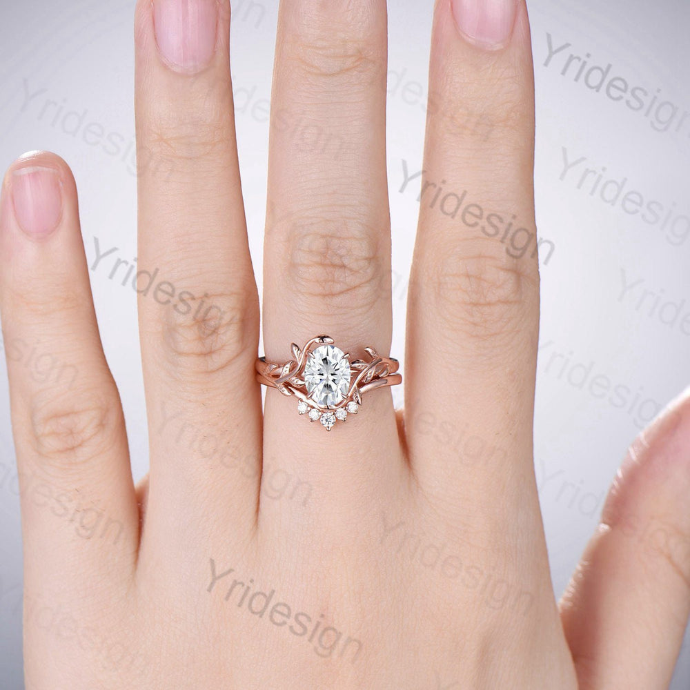 Twig Oval Moissanite Engagement Ring Rose Gold Leaves Art Deco Branch Moissanite Wedding Ring Set Vintage Unique Bridal Ring gift For women - PENFINE