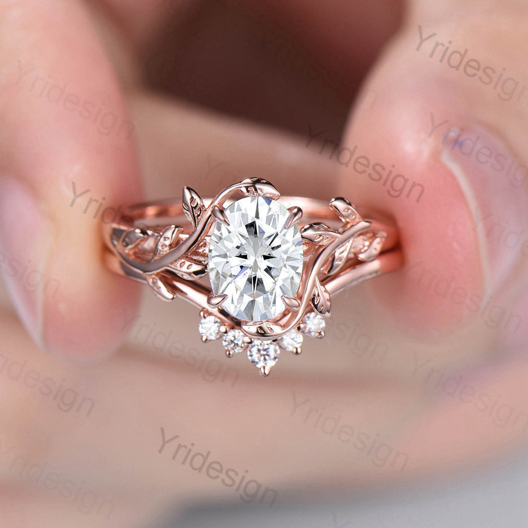 Twig Oval Moissanite Engagement Ring Rose Gold Leaves Art Deco Branch Moissanite Wedding Ring Set Vintage Unique Bridal Ring gift For women - PENFINE