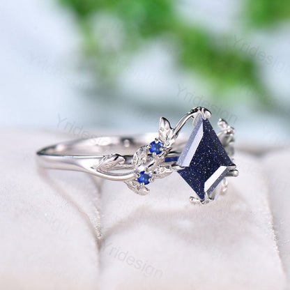 Vintage Blue Sandstone Ring Kite Shaped Galaxy Star Leaves Twig Engagement Ring Leaf branch sapphire Wedding Ring for Women Anniversary Ring - PENFINE