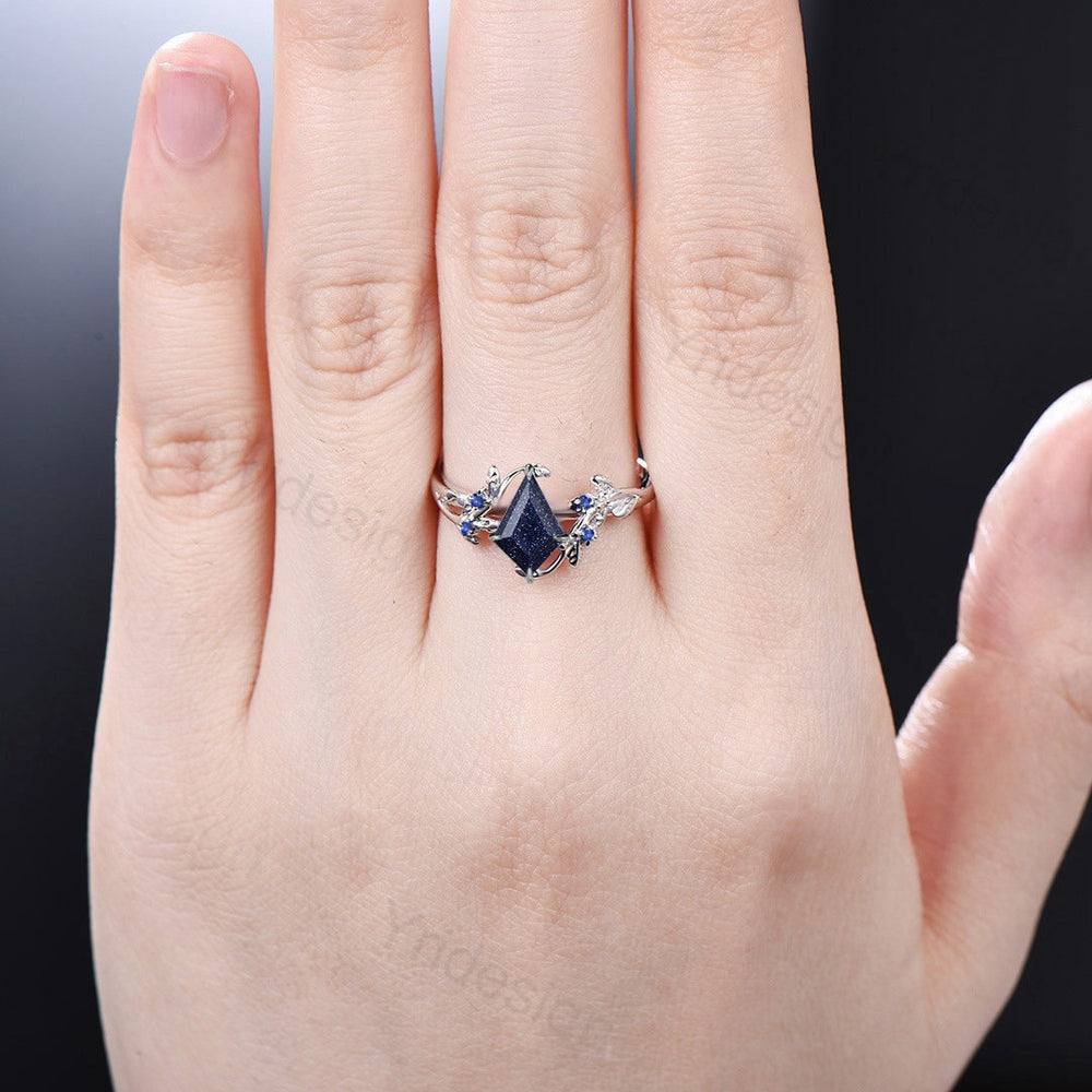 Vintage Blue Sandstone Ring Kite Shaped Galaxy Star Leaves Twig Engagement Ring Leaf branch sapphire Wedding Ring for Women Anniversary Ring - PENFINE