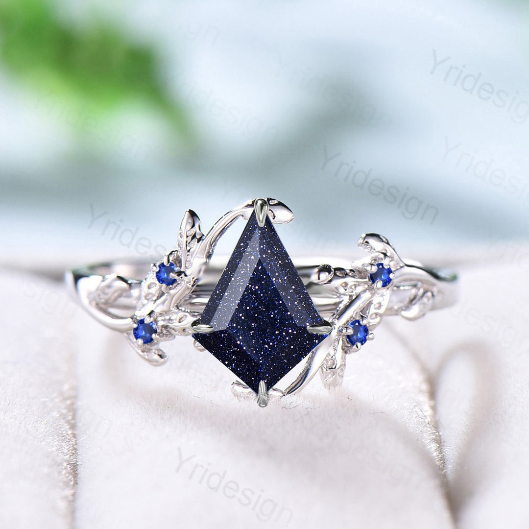 Vintage Blue Sandstone Ring Kite Shaped Galaxy Star Leaves Twig Engagement Ring Leaf branch sapphire Wedding Ring for Women Anniversary Ring - PENFINE