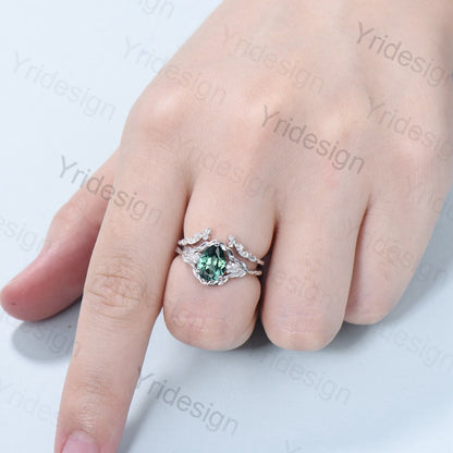 Unique Green Sapphire Leaf Engagement Ring Set Solid 10K/14K/18K White Gold Antique Cluster Pear Moissanite Leaves Wedding Ring For Women - PENFINE