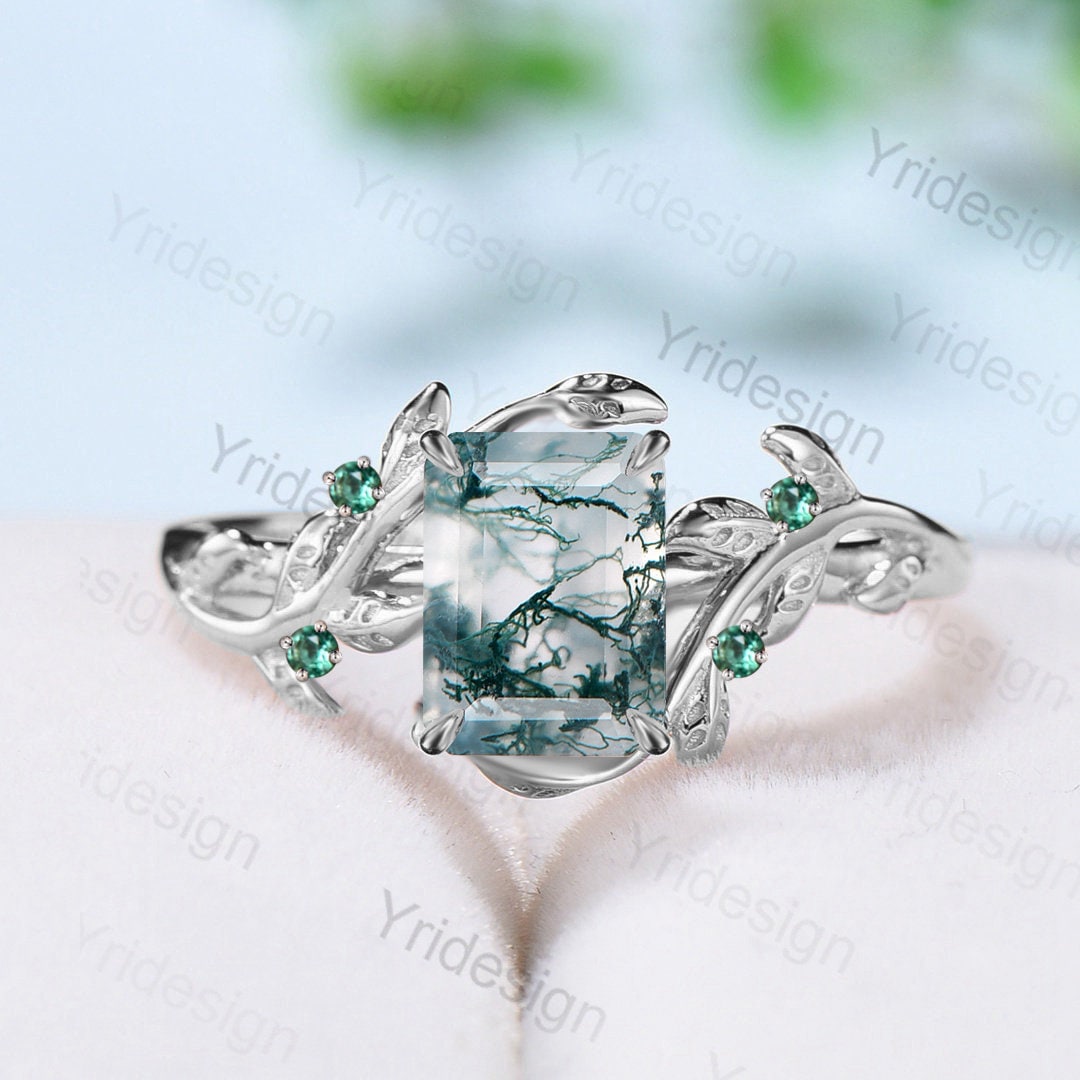 Vintage Emerald Cut Moss Agate Ring Rose Gold Natural Inspired Leaf Engagement Ring Unique Green Stone Branch Wedding Ring Women Christmas - PENFINE