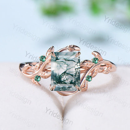 Vintage Emerald Cut Moss Agate Ring Rose Gold Natural Inspired Leaf Engagement Ring Unique Green Stone Branch Wedding Ring Women Christmas - PENFINE