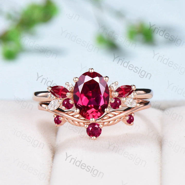 Oval Ruby Wedding Ring Set Rose Gold Ruby Diamond Engagement Ring Set Vintage Leaf Stacking Ring Natural Inspired Proposal Gifts for Women - PENFINE