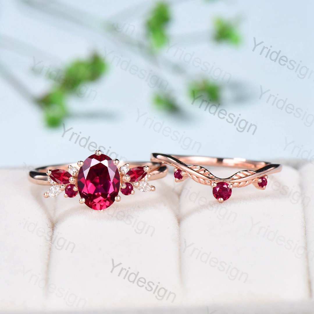 Oval Ruby Wedding Ring Set Rose Gold Ruby Diamond Engagement Ring Set Vintage Leaf Stacking Ring Natural Inspired Proposal Gifts for Women - PENFINE