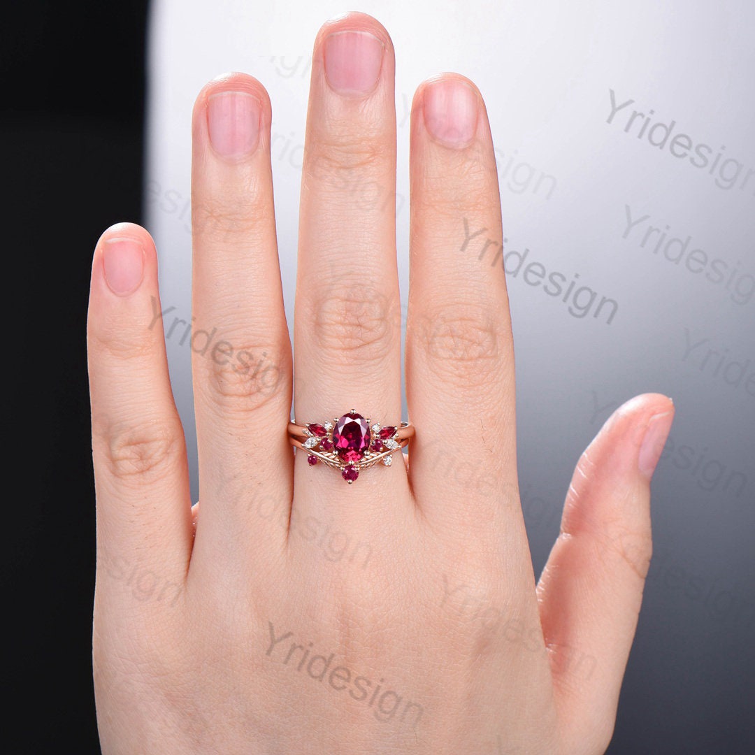 Oval Ruby Wedding Ring Set Rose Gold Ruby Diamond Engagement Ring Set Vintage Leaf Stacking Ring Natural Inspired Proposal Gifts for Women - PENFINE