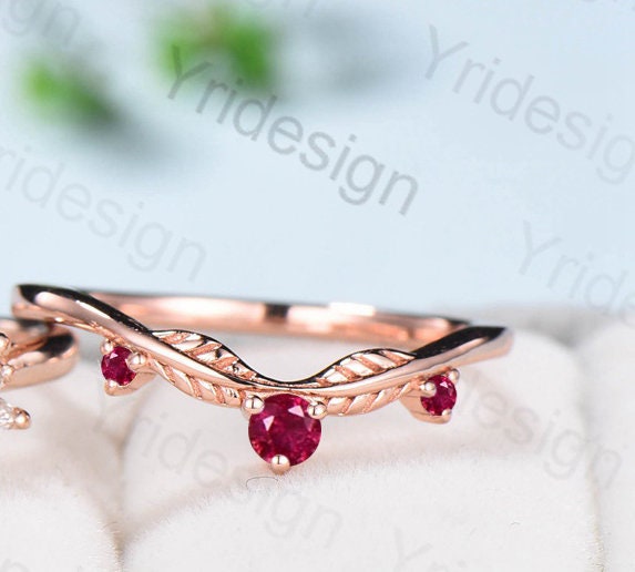 Oval Ruby Wedding Ring Set Rose Gold Ruby Diamond Engagement Ring Set Vintage Leaf Stacking Ring Natural Inspired Proposal Gifts for Women - PENFINE