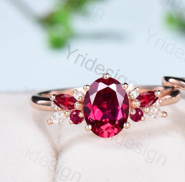 Oval Ruby Wedding Ring Set Rose Gold Ruby Diamond Engagement Ring Set Vintage Leaf Stacking Ring Natural Inspired Proposal Gifts for Women - PENFINE