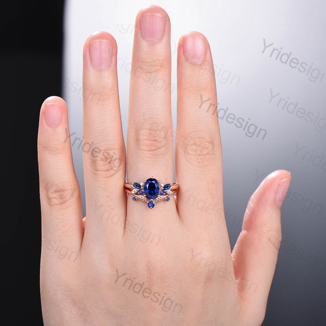 Oval Sapphire Wedding Ring Set Rose Gold Unique Sapphire Engagement Ring Set Vintage Stacking Ring  Natural Inspired Proposal Gift for Women - PENFINE