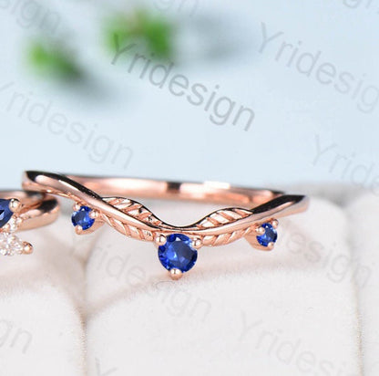 Oval Sapphire Wedding Ring Set Rose Gold Unique Sapphire Engagement Ring Set Vintage Stacking Ring  Natural Inspired Proposal Gift for Women - PENFINE