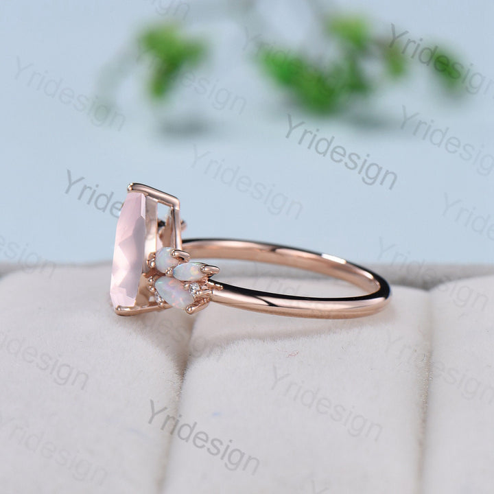 Vintage Rose Quartz Engagement Ring Unique Pear Shaped Bee pink crystal Wedding Ring Women  Rose Gold Art Deco Cluster Opal Promise Ring - PENFINE