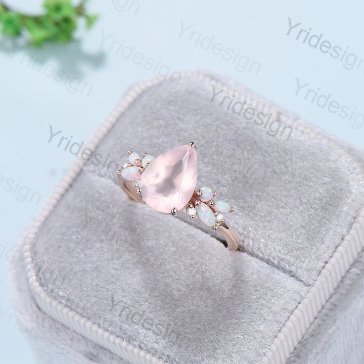 Vintage Rose Quartz Engagement Ring Unique Pear Shaped Bee pink crystal Wedding Ring Women  Rose Gold Art Deco Cluster Opal Promise Ring - PENFINE