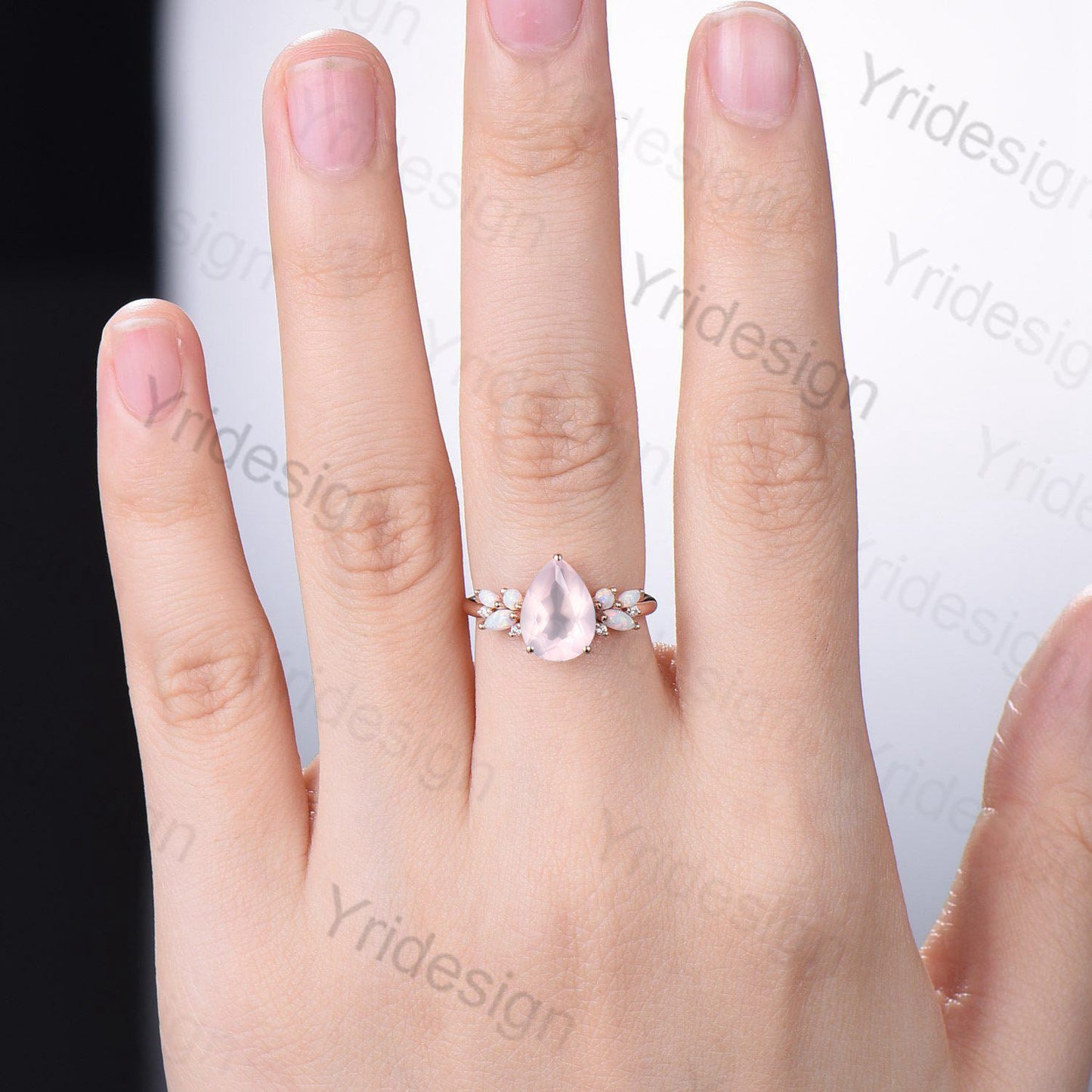 Vintage Rose Quartz Engagement Ring Unique Pear Shaped Bee pink crystal Wedding Ring Women  Rose Gold Art Deco Cluster Opal Promise Ring - PENFINE