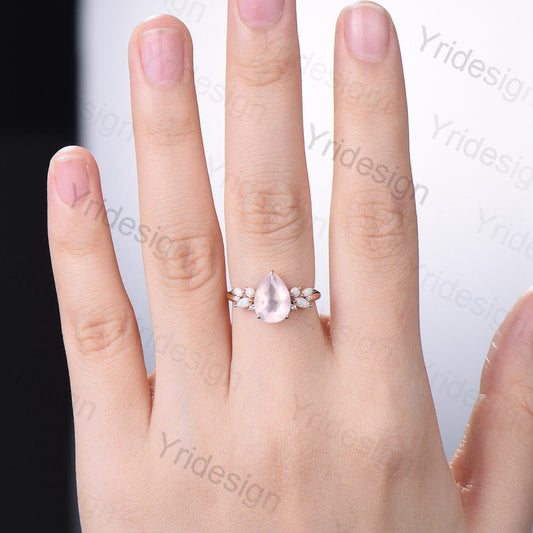 Vintage Rose Quartz Engagement Ring Unique Pear Shaped Bee pink crystal Wedding Ring Women Rose Gold Art Deco Cluster Opal Promise Ring - PENFINE