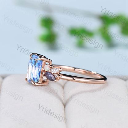 Unique Emerald Cut Moonstone Engagement Ring Rose Gold Alternative Alexandrite Opal Wedding Ring For Women Vintage June Birthstone Ring - PENFINE
