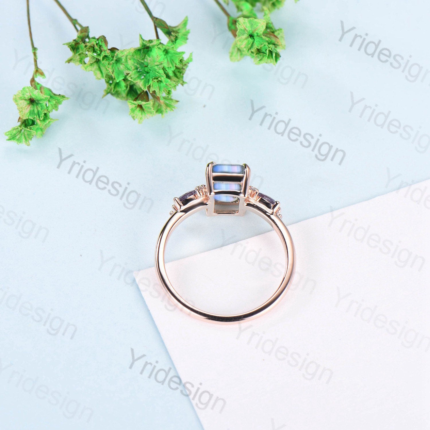 Unique Emerald Cut Moonstone Engagement Ring Rose Gold Alternative Alexandrite Opal Wedding Ring For Women Vintage June Birthstone Ring - PENFINE