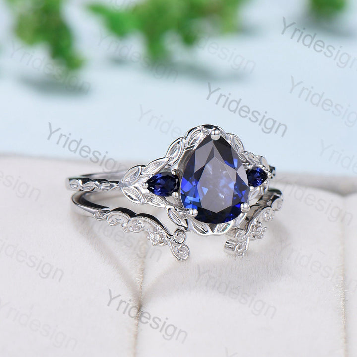 Vintage Blue Sapphire Leaf Engagement Ring Set Solid 10K/14K/18K White Gold Unique Natural Inspired Sapphire Leaves Wedding Ring For Women - PENFINE