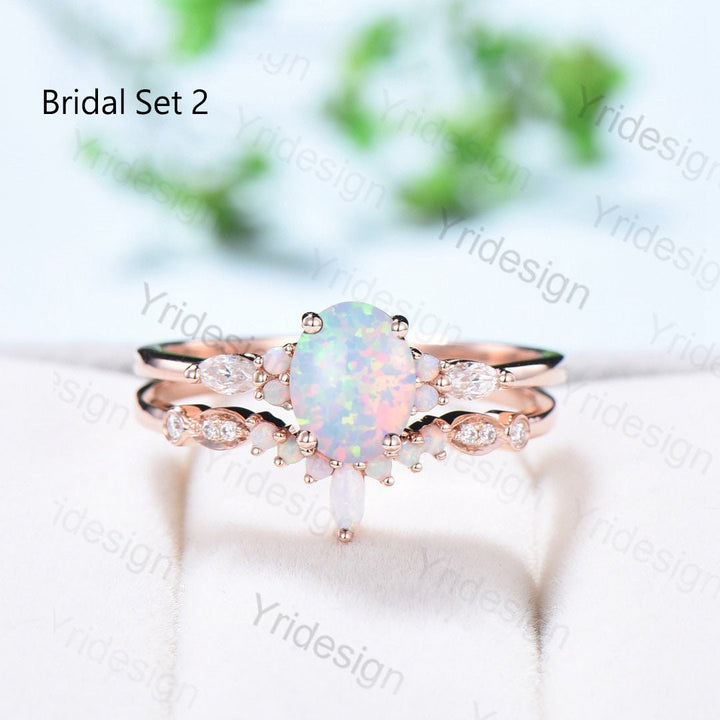 Vintage opal engagement ring set Unique rose gold fire opal wedding set Art deco opal alexandrite stacking band bridal set anniversary gift - PENFINE