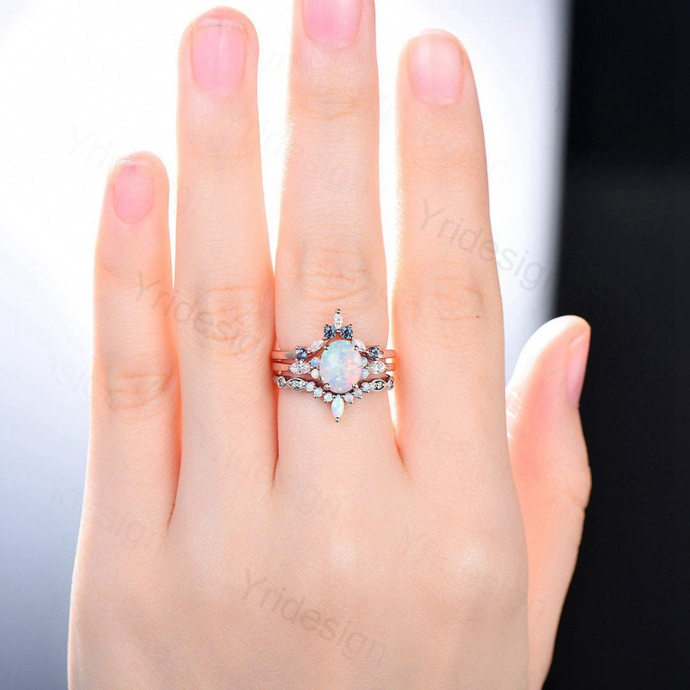 Vintage opal engagement ring set Unique rose gold fire opal wedding set Art deco opal alexandrite stacking band bridal set anniversary gift - PENFINE