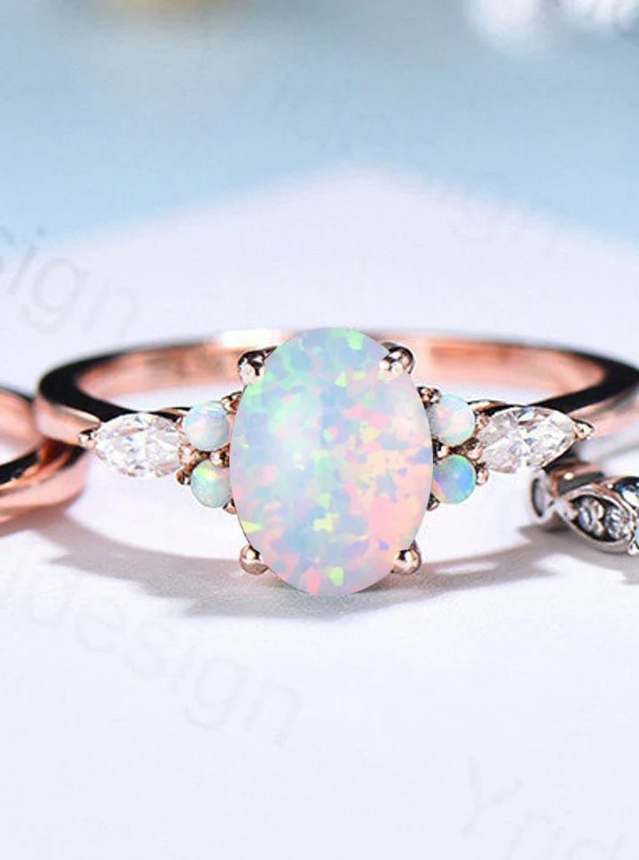 Vintage opal engagement ring set Unique rose gold fire opal wedding set Art deco opal alexandrite stacking band bridal set anniversary gift - PENFINE