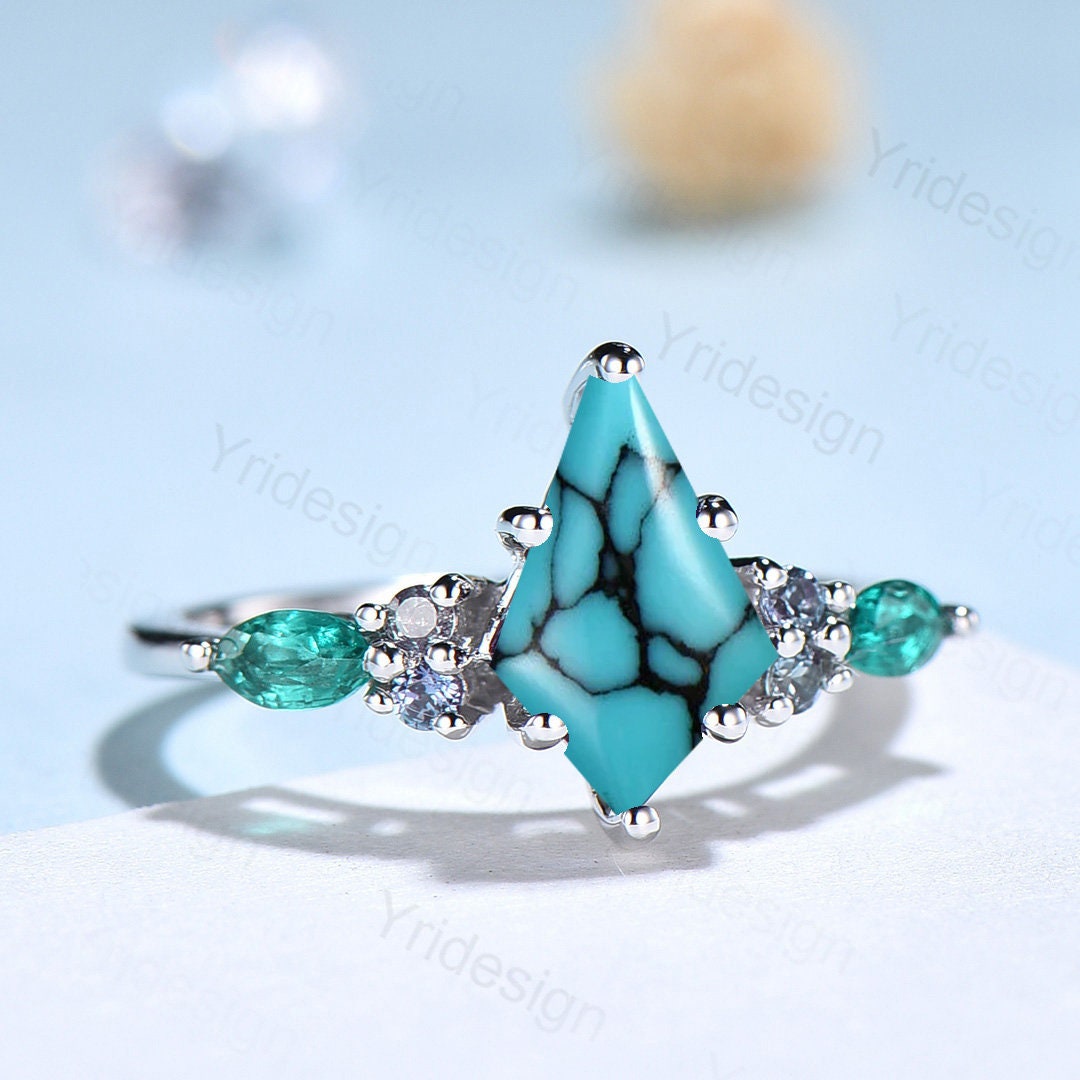 Vintage Turquoise Engagement Ring Kite Cut Marquise Emerald Alexandrite Wedding Ring For Women Unique Six prongs Bridal Promise Ring Gift - PENFINE