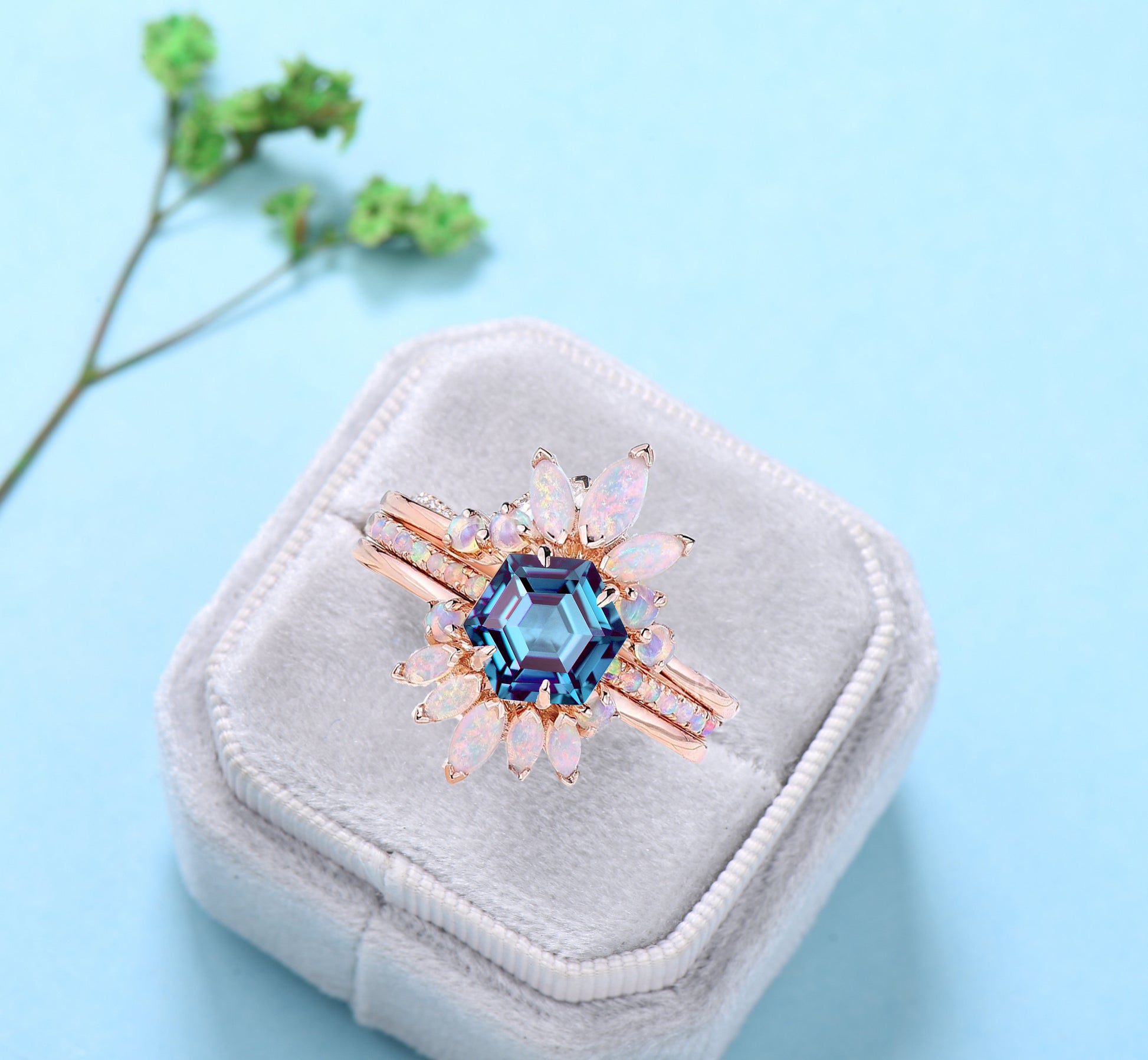 Vintage alexandrite engagement ring set rose gold art deco color changing wedding ring set Unique crown opal stacking band flower bridal set - PENFINE