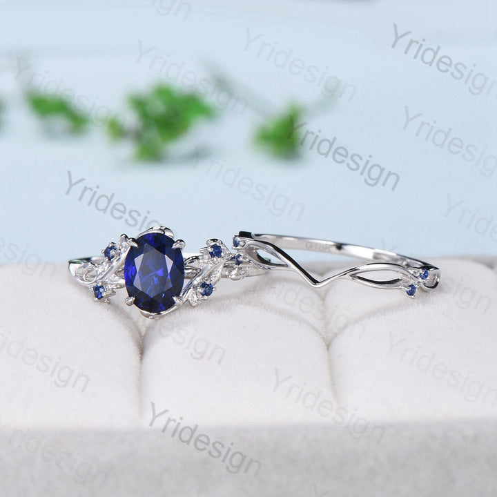 Vintage blue sapphire wedding ring set Leaf twig engagement ring set Art deco Nature Inspired rose gold bridal set for women Branch ring - PENFINE