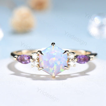 Hexagon opal ring dainty vintage fire white opal engagement ring art deco 7 stone amethyst moissanite promise ring rose gold for women - PENFINE