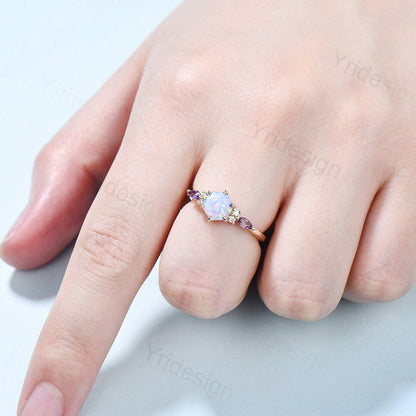 Hexagon opal ring dainty vintage fire white opal engagement ring art deco 7 stone amethyst moissanite promise ring rose gold for women - PENFINE