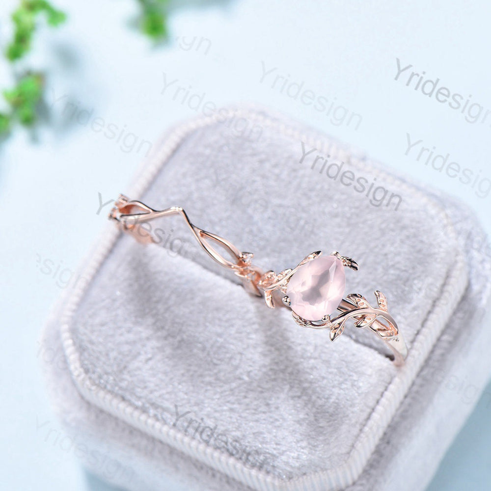 Natural Inspired rose quartz ring set Leaf engagement ring women unique solitaire pink crystal ring Valentine's Day wedding ring set for her - PENFINE