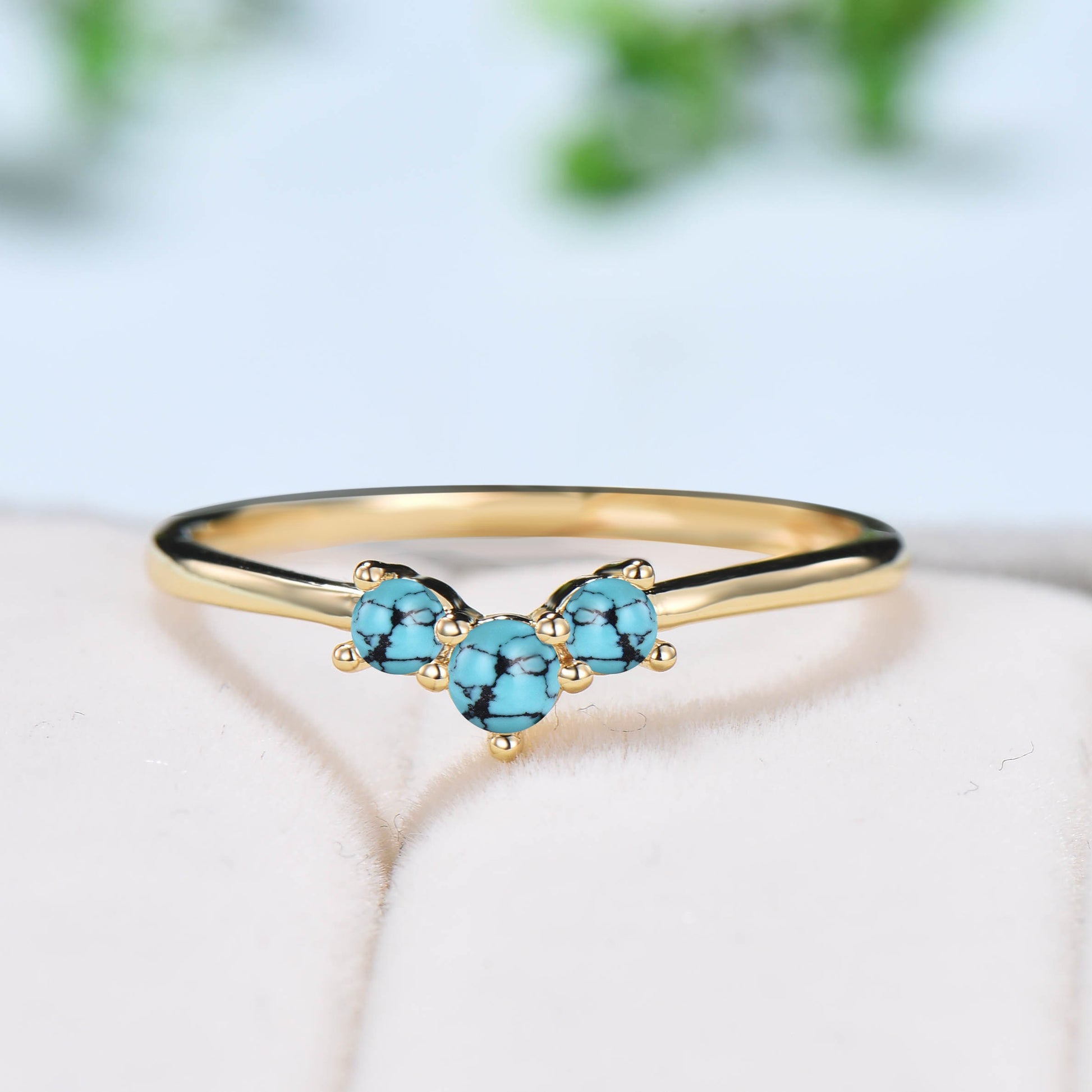 Dainty Turquoise wedding band three stone stacking ring minimalist turquoise wedding ring for women anniversary gift promise band for wife - PENFINE