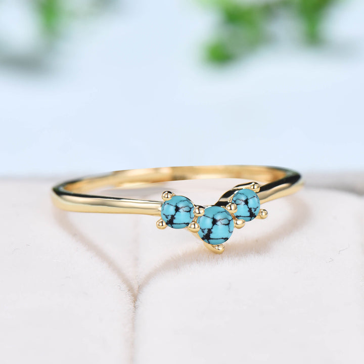 Dainty Turquoise wedding band three stone stacking ring minimalist turquoise wedding ring for women anniversary gift promise band for wife - PENFINE