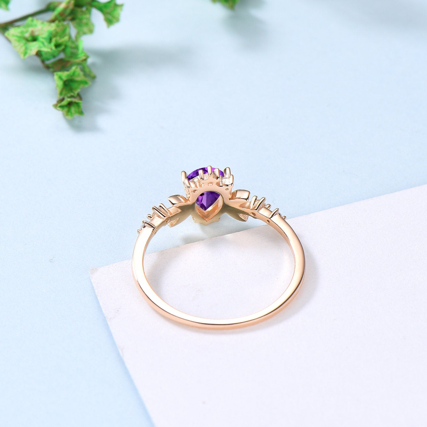 Vintage Pear Shaped Amethyst Engagement Ring Unique Crescent moon Purple amethyst gold wedding ring women celestial anniversary gift for her - PENFINE