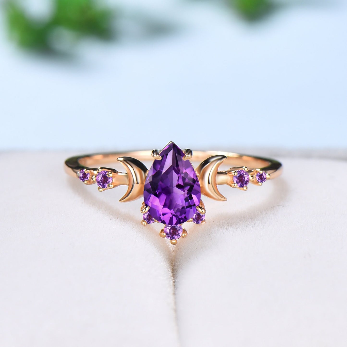 Vintage Pear Shaped Amethyst Engagement Ring Unique Crescent moon Purple amethyst gold wedding ring women celestial anniversary gift for her - PENFINE