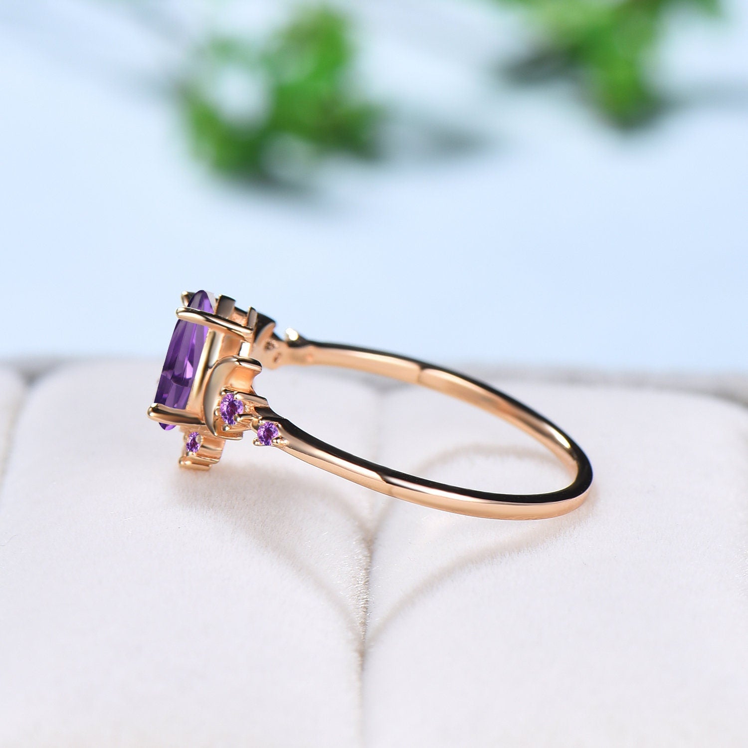 Vintage Pear Shaped Amethyst Engagement Ring Unique Crescent moon Purple amethyst gold wedding ring women celestial anniversary gift for her - PENFINE